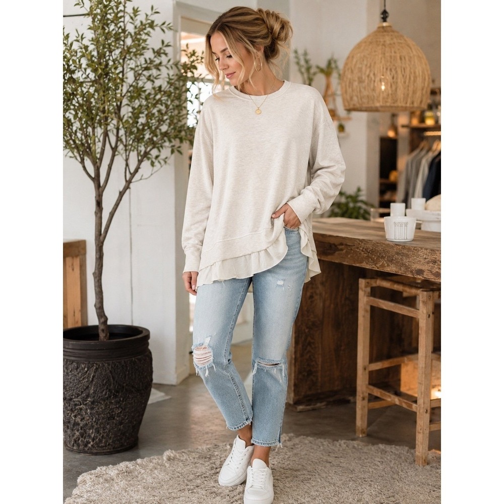 Gibson Latimer Ruffle‎ Hem Sweatshirt Women's L Cream Layered Tunic Pullover